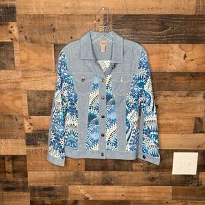 Chicos Jacket Womens XS 4 Blue Paisley Lightweight Denim Chambray Button